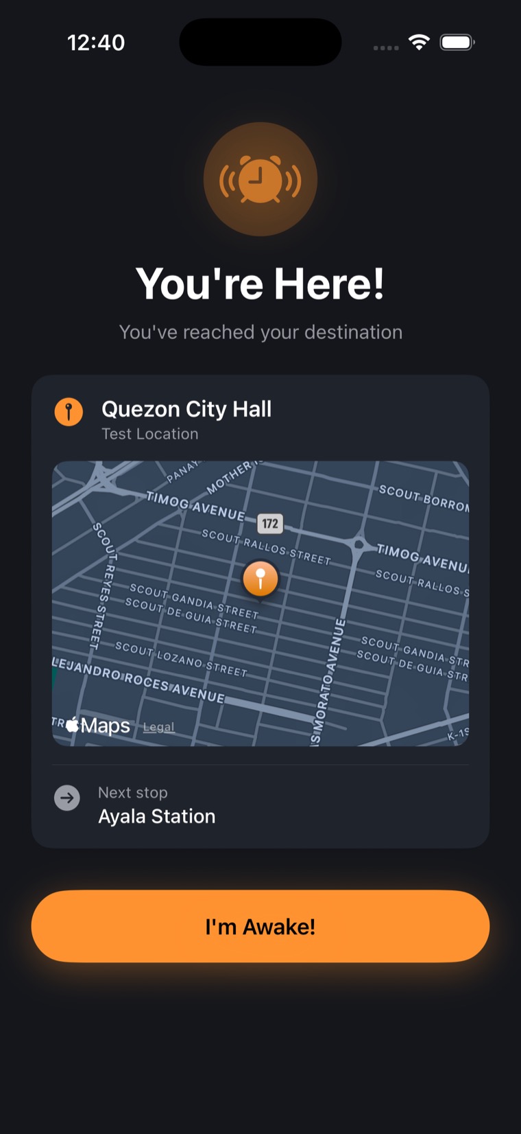Astray's arrival alert partway through a journey: the headline You're Here! over a map of Quezon City Hall, with a Next stop row naming Ayala Station below the destination card