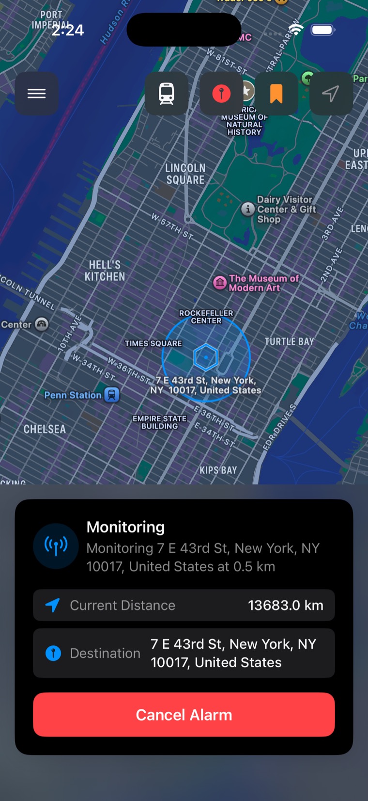 Astray monitoring an armed alarm: a solid blue ring around the destination on the map, and a card headed Monitoring showing the radius, the current distance, the destination and a red Cancel Alarm button