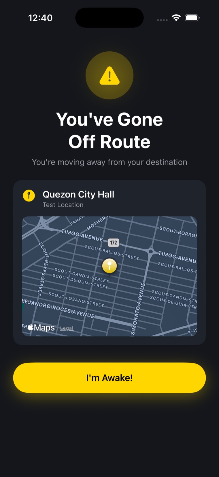 Astray's off-route alert: a yellow warning icon above the headline You've Gone Off Route and the line You're moving away from your destination, with a destination card and a map